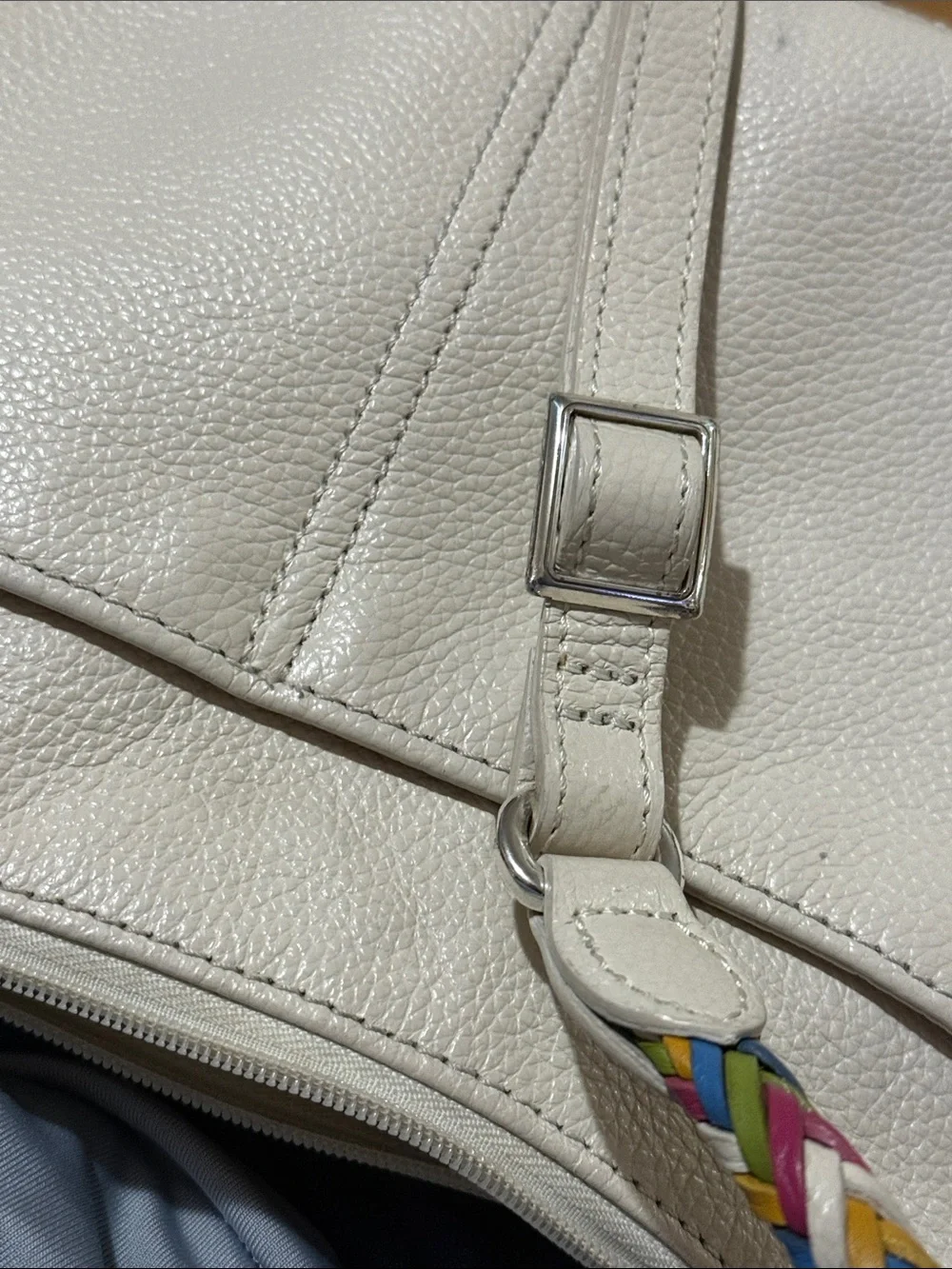 Brighton White Leather Shoulder Bag with Multicolor Braided Strap and Tassel